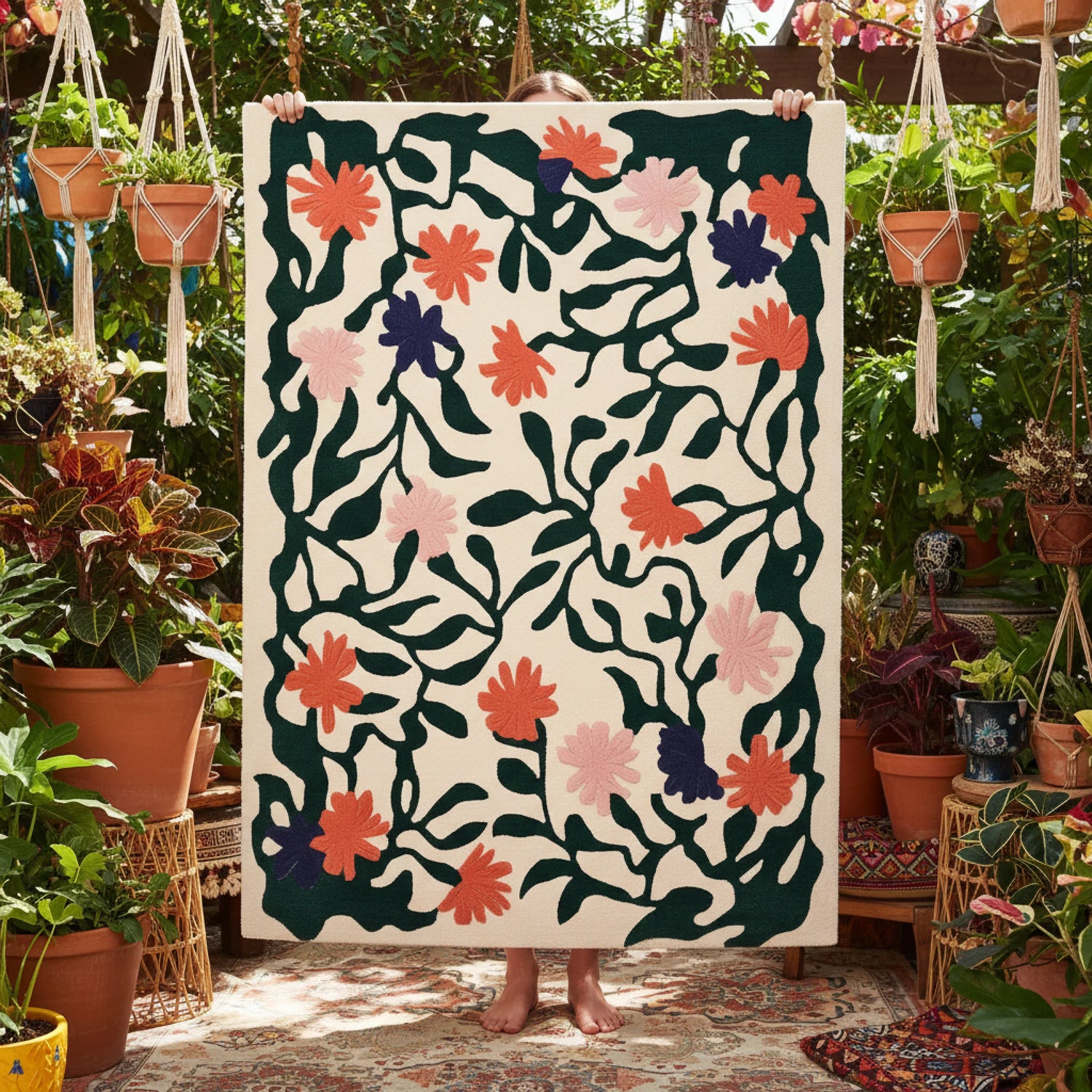 Person holding a floral patterned rug in a garden setting with plants and macramé hangings.