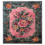 Blossom Floral Elegance Hand Tufted Rug featuring a vibrant floral design with roses and intricate patterns in pink and green. This wool area rug is perfect for adding a touch of elegance to any living room. Its square shape and large size make it an ideal choice for those seeking a standout piece among rugs for living room.