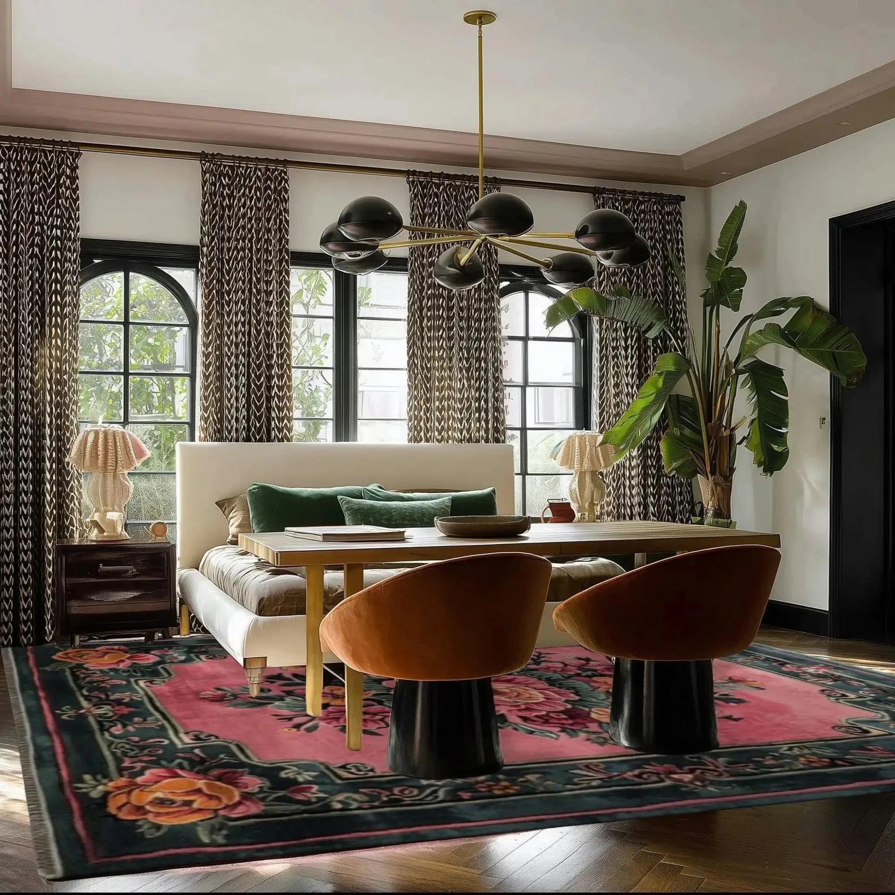 A beautifully designed Blossom Floral Elegance Hand Tufted Area Rug in a living room setting. This square wool rug features an intricate floral pattern with vibrant colors, providing a stunning contrast against the wooden floor. Perfect as a large living room rug, it adds elegance and sophistication to the space.