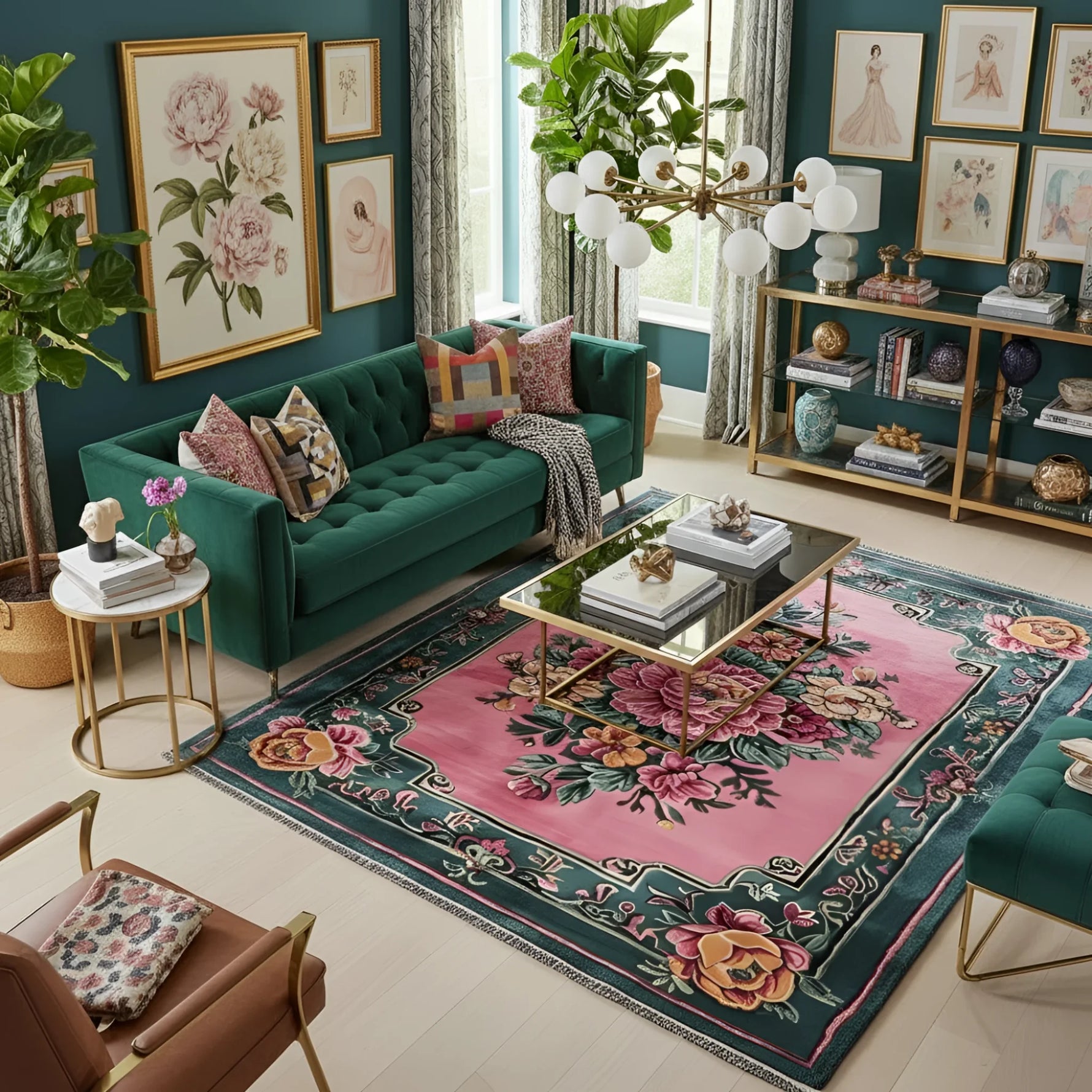 Living room with green sofa, floral rug, and decorative items.