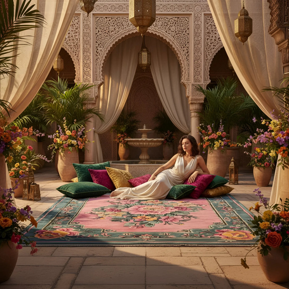 Woman in a white dress sitting on a colorful rug in an ornate courtyard with flowers and plants.