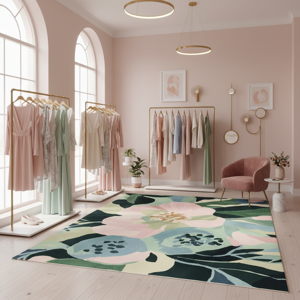 Modern interior with floral rug, clothing racks, and pink chair.