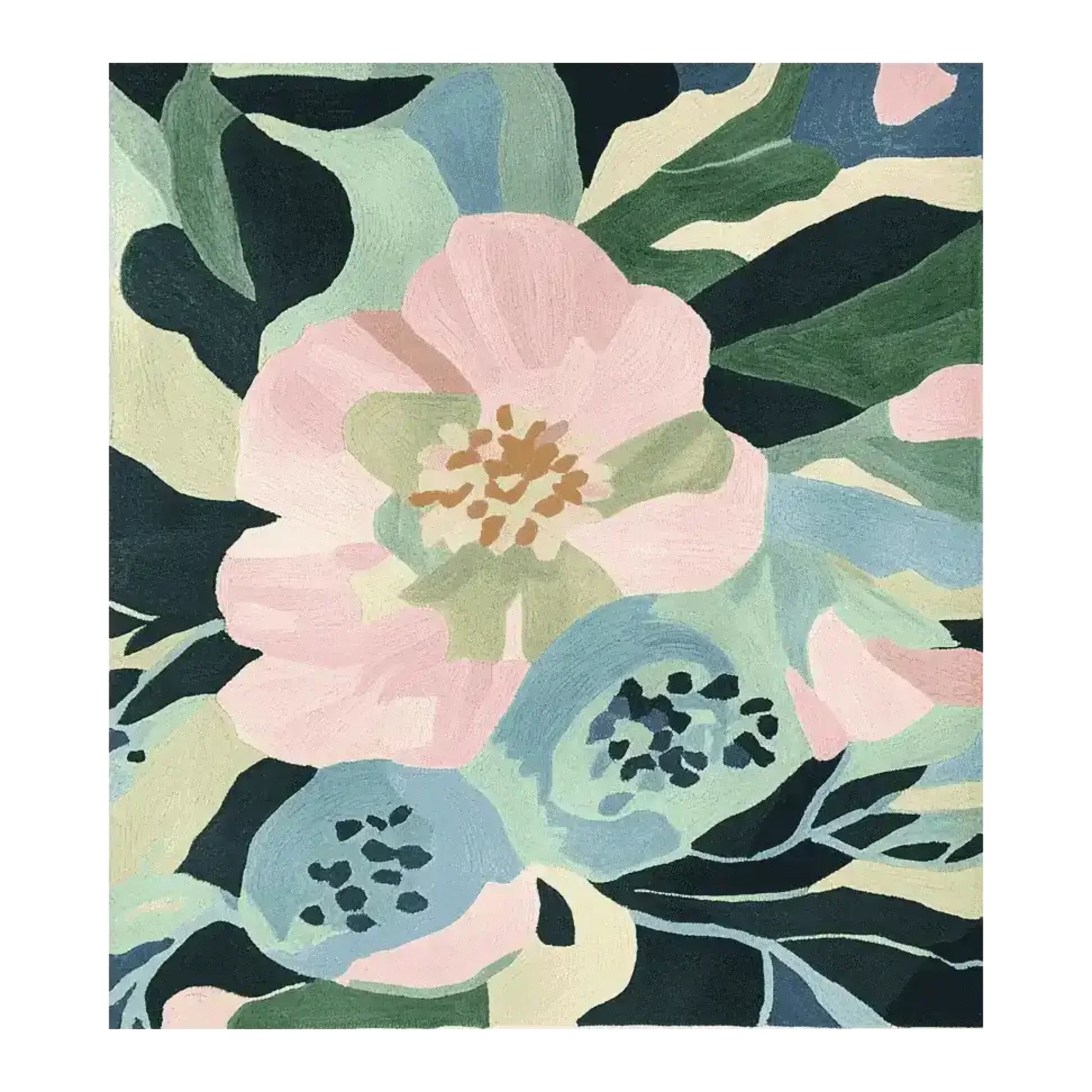 The Blossom Forest Dream Hand Tufted Rug showcases an elegant floral design with pastel pink, blue, and green hues, making it a stunning contemporary wool rug. This area rug is perfect for adding a touch of nature to your living room, offering a blend of style and comfort.