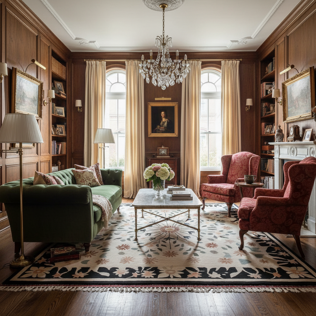 Luxurious living room with green sofa, black and white floral rug, red armchairs, and a chandelier.