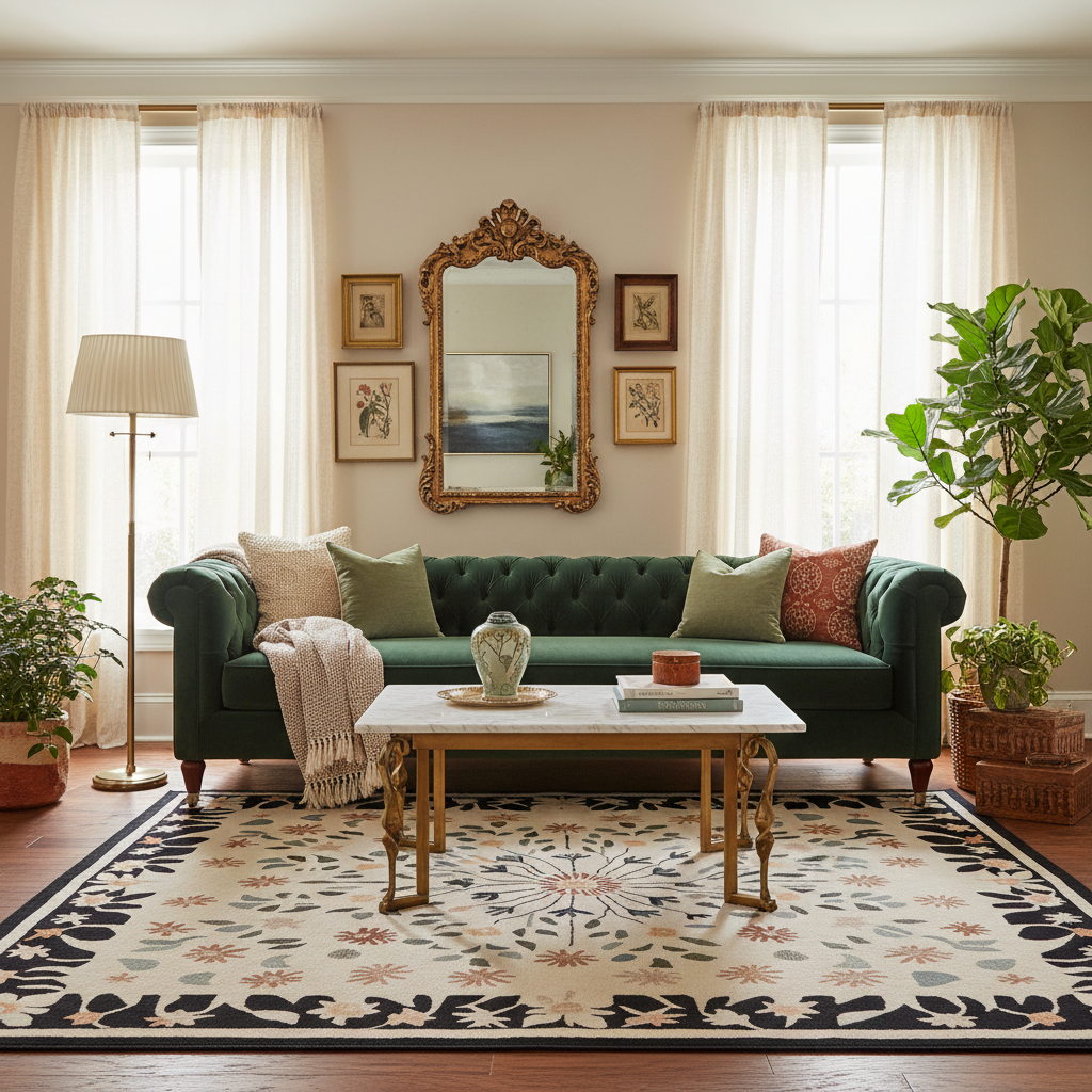 Living room with a green sofa, wooden coffee table, a traditional wool rug, and decorative elements.