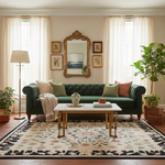 Living room with a green sofa, wooden coffee table, a traditional wool rug, and decorative elements.