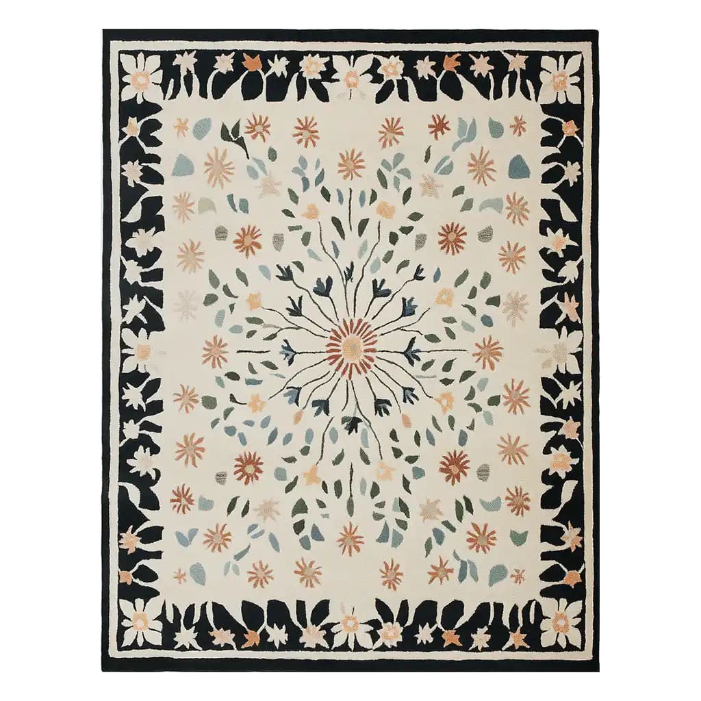 The Blossom Frame Hand Tufted Wool Rug features an intricate floral design with a central medallion surrounded by delicate flowers and leaves. The area rug is crafted in soft hues of green, orange, and blue on a cream background, bordered by a striking black frame adorned with floral patterns. This elegant and stylish rug brings a touch of nature-inspired beauty to any room.