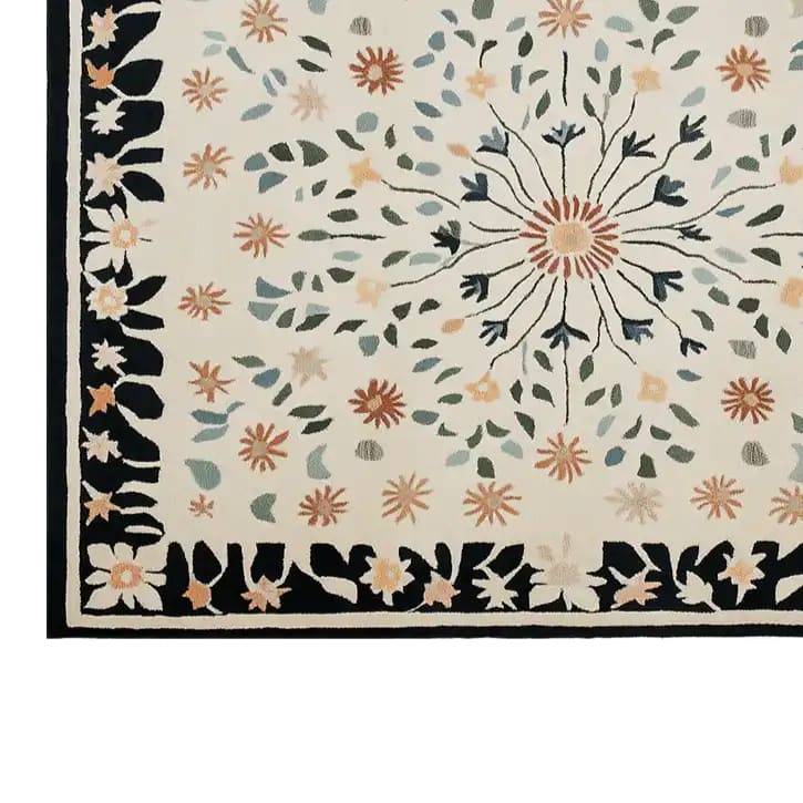 A beautifully detailed area rug showcasing a hand-tufted floral design with intricate patterns and a blend of soft, earthy colors. The border features bold, dark accents that frame the vibrant blossoms and leaves, adding an elegant touch to any room.