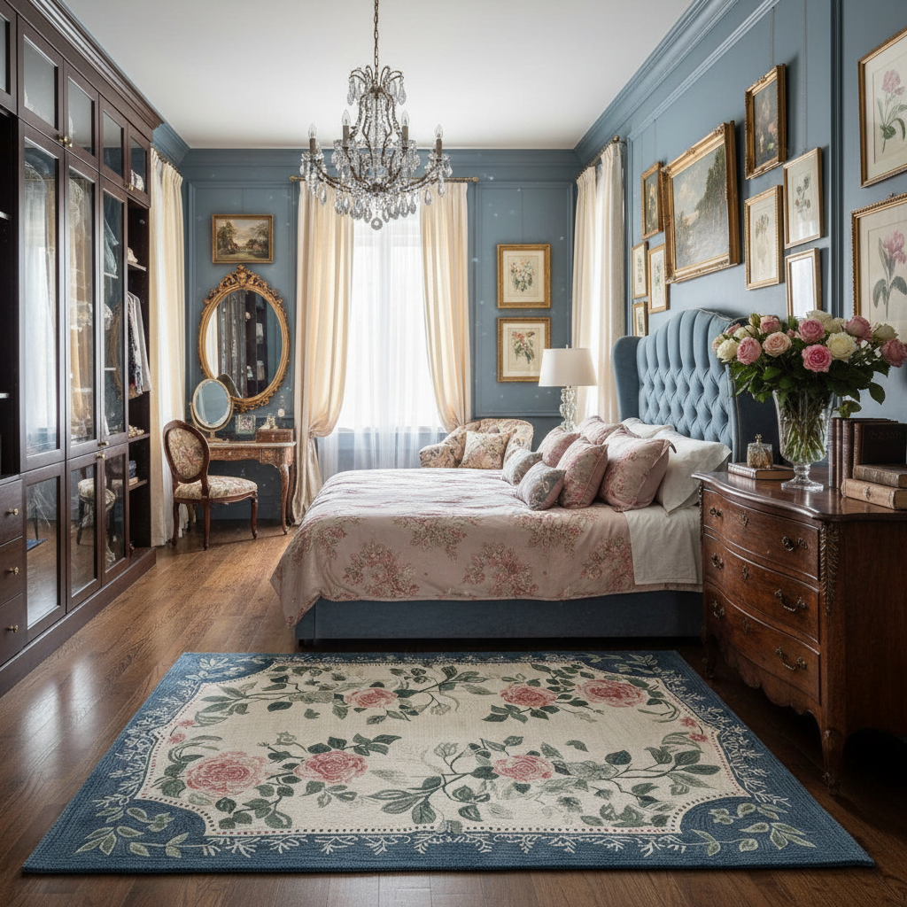 Luxurious bedroom with blue walls, floral rug, and elegant furniture.