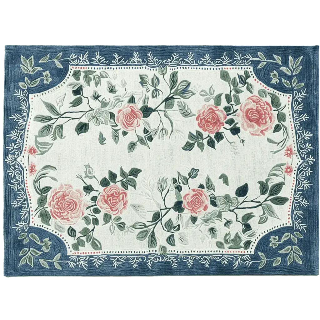 A beautifully hand-tufted area rug with a floral design, showcasing vibrant pink roses and green leaves against an elegant cream background, bordered by a rich blue pattern. This wool rug is perfect for large living rooms, fitting ideally as a living room rug in an 8x10 size.