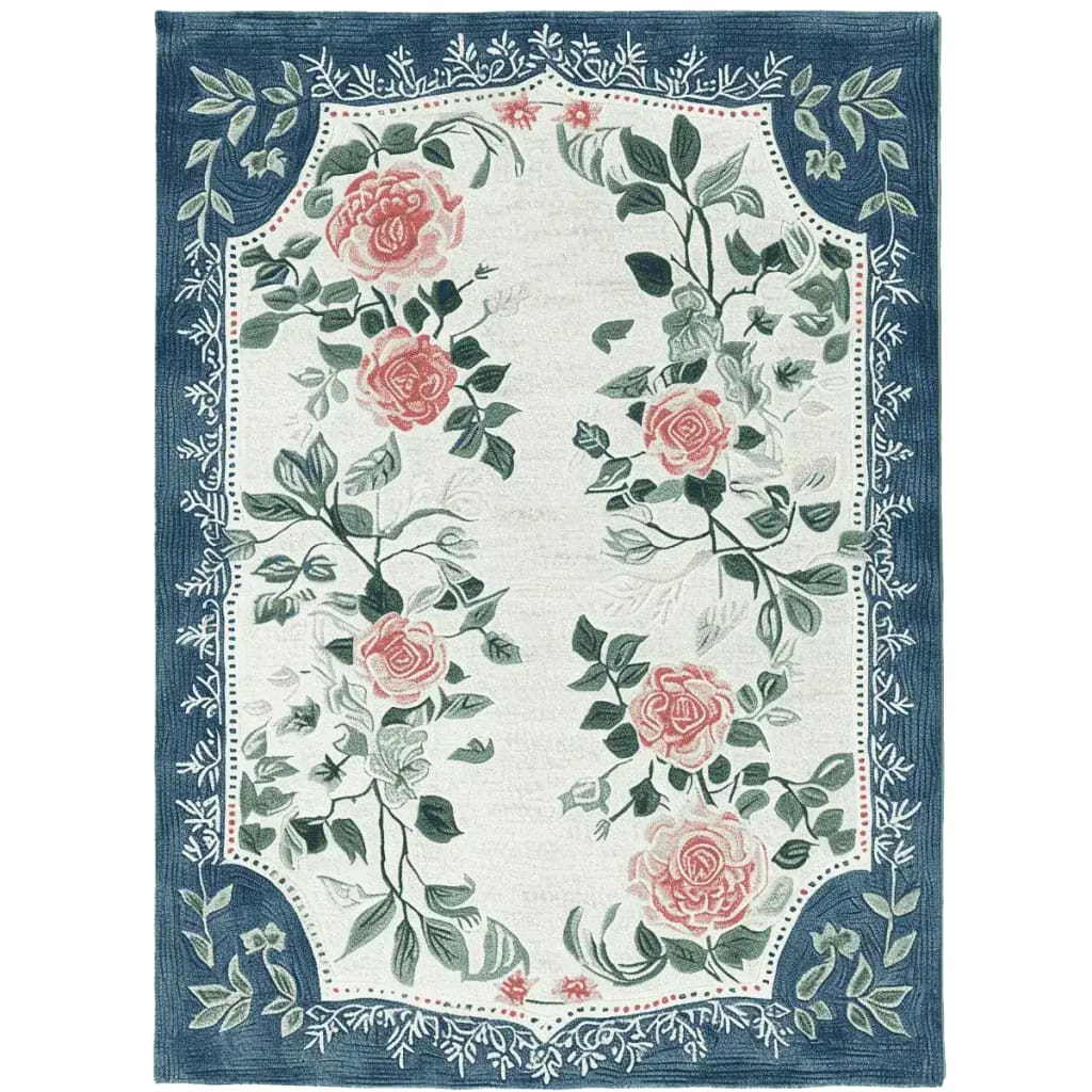 Blossom Frame Reverie Hand Tufted Area Rug featuring a beautiful floral design with pink roses and green leaves, bordered by intricate blue patterns. This wool rug is perfect for large living rooms, available in 8x10 size.
