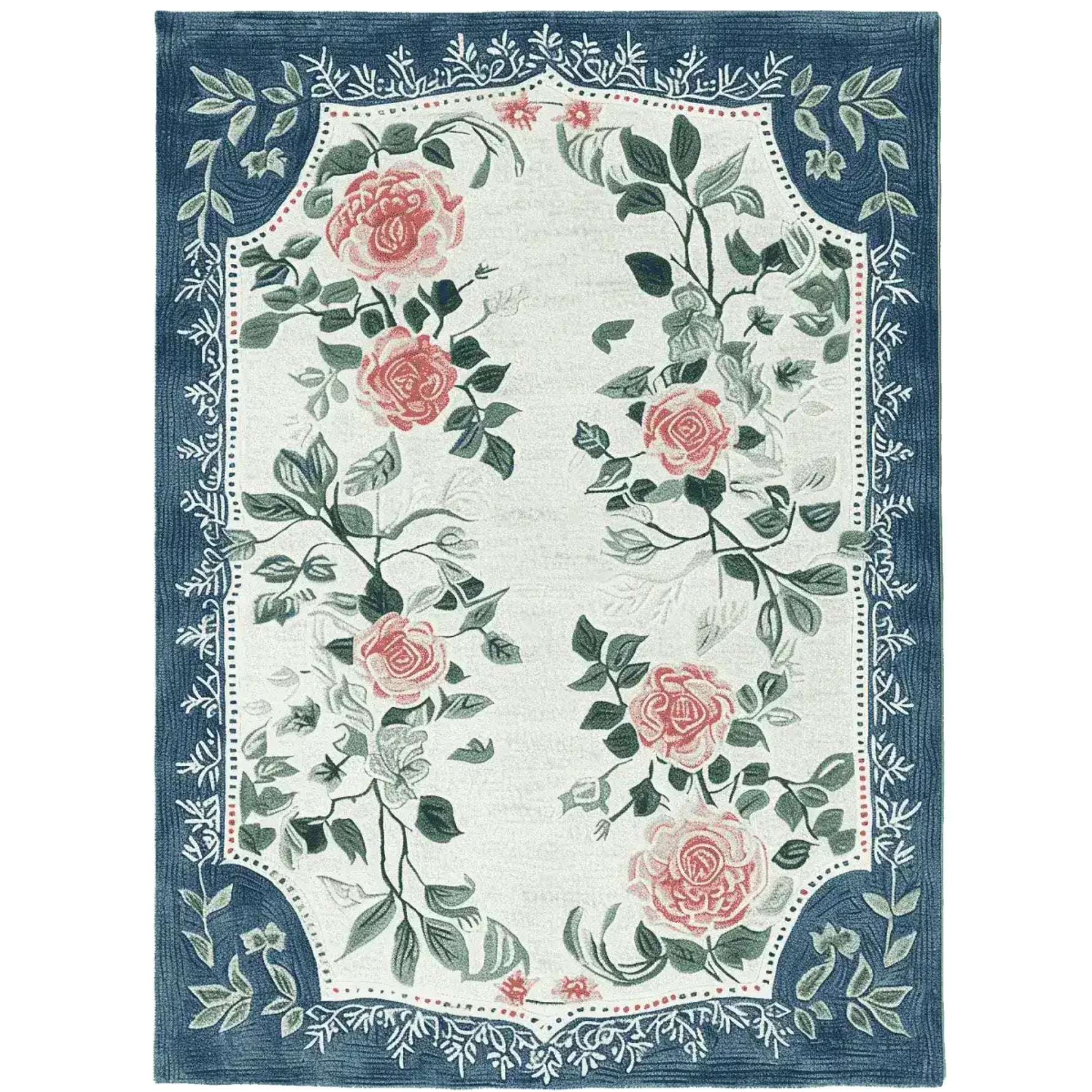 Blossom Frame Reverie Hand Tufted Area Rug featuring a beautiful floral design with pink roses and green leaves, bordered by intricate blue patterns. This wool rug is perfect for large living rooms, available in 8x10 size.