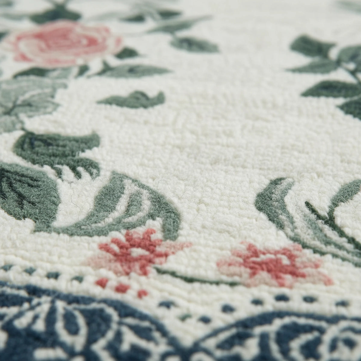 Close-up of a floral patterned rug with pink flowers and green leaves.
