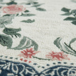 Close-up of a floral patterned rug with pink flowers and green leaves.