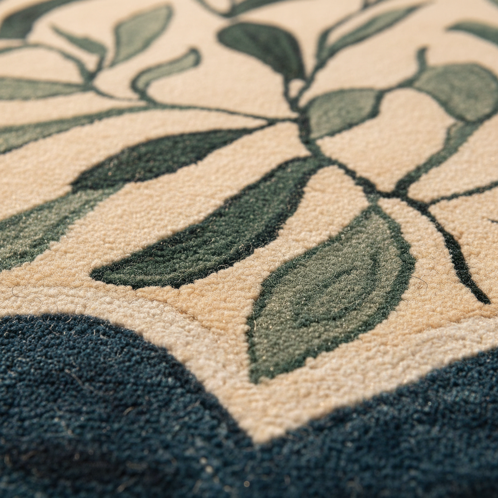 Close-up of a textured rug with green leaf patterns on a beige background