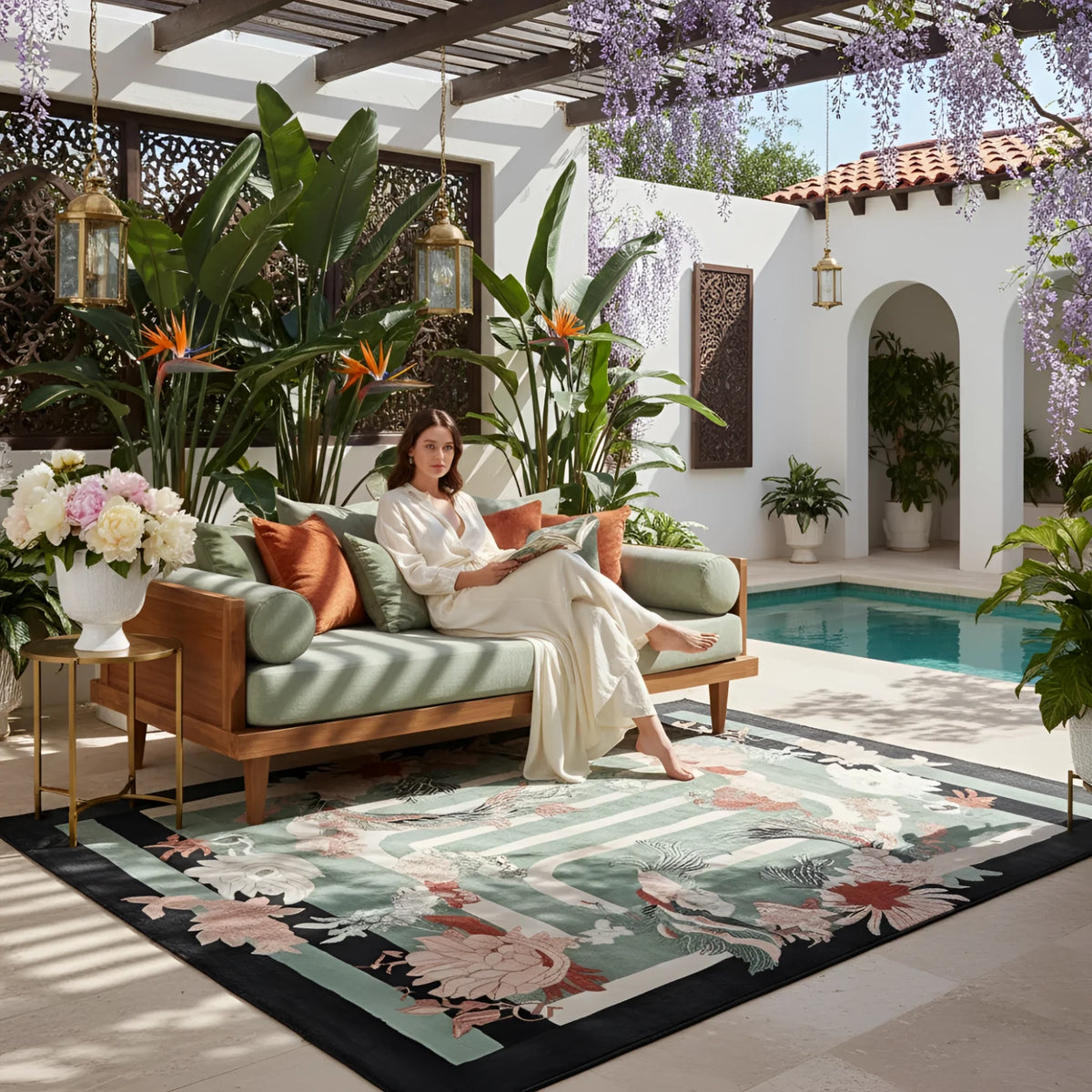 Woman sitting on a patio with plants and a pool in the background