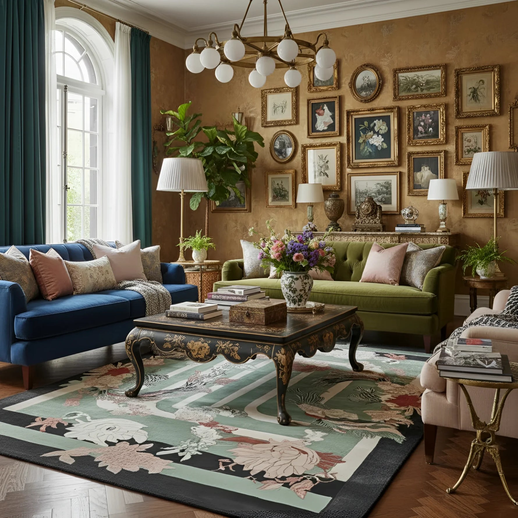 Living room with blue sofa, green armchair, and decorative wall art.