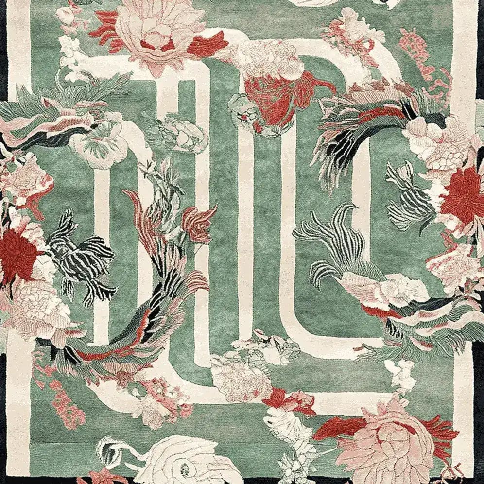 A beautifully designed area rug perfect for the living room, showcasing a hand-tufted wool rug with a nature-inspired pattern. The intricate floral and vine motifs in soft greens, reds, and whites create an inviting atmosphere, ideal for enhancing the aesthetics of living room area rugs.