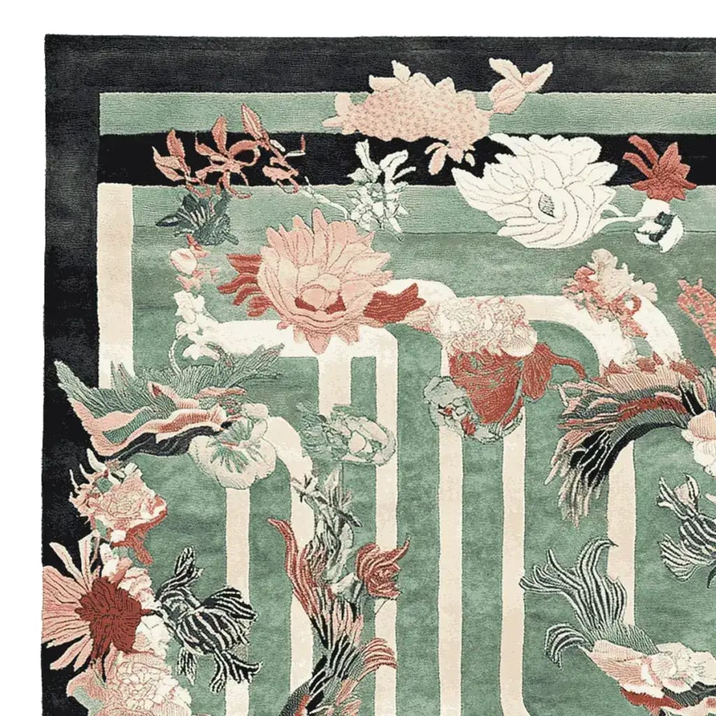 A beautifully designed hand-tufted area rug featuring a vibrant floral pattern with shades of green, pink, and white. This wool rug is perfect for adding a touch of elegance to living room area rugs, making it an ideal choice for those seeking stylish rugs for living room spaces.