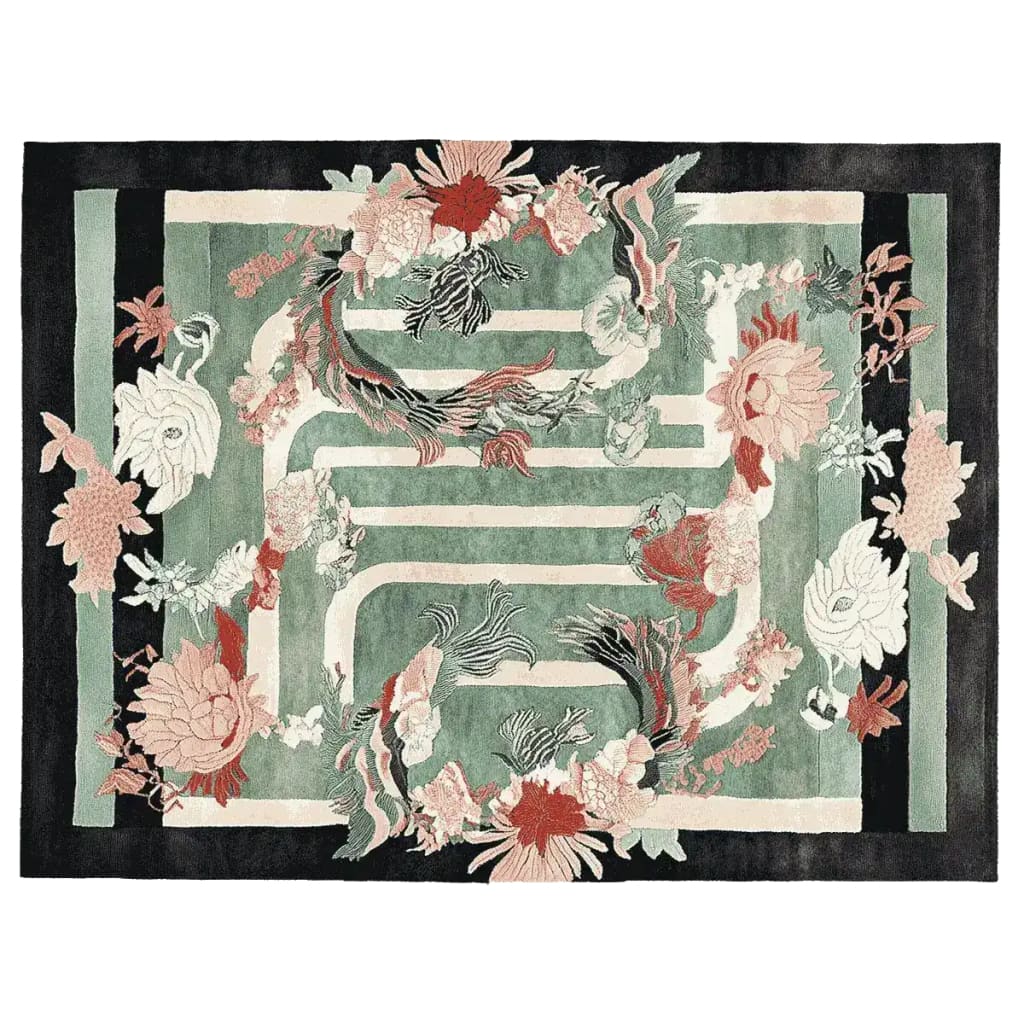 A stunning Blossom Meadow Path hand-tufted area rug ideal for living room spaces. The rug features a beautiful floral design with a harmonious blend of green, pink, and earthy tones, making it a perfect wool rug choice for those seeking elegant and artistic rugs for living room decoration.