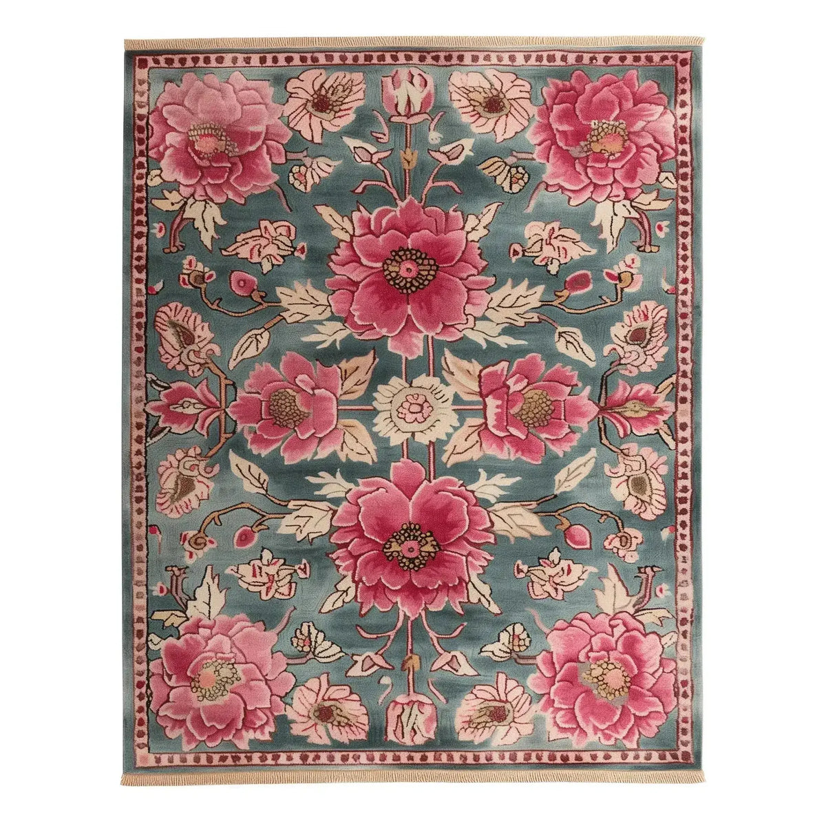 Beautiful Blossom Medley Hand Tufted Area Rug featuring vibrant pink floral patterns on a teal background. This large wool rug is perfect for adding elegance to your living room or dining room, creating a warm and inviting atmosphere.