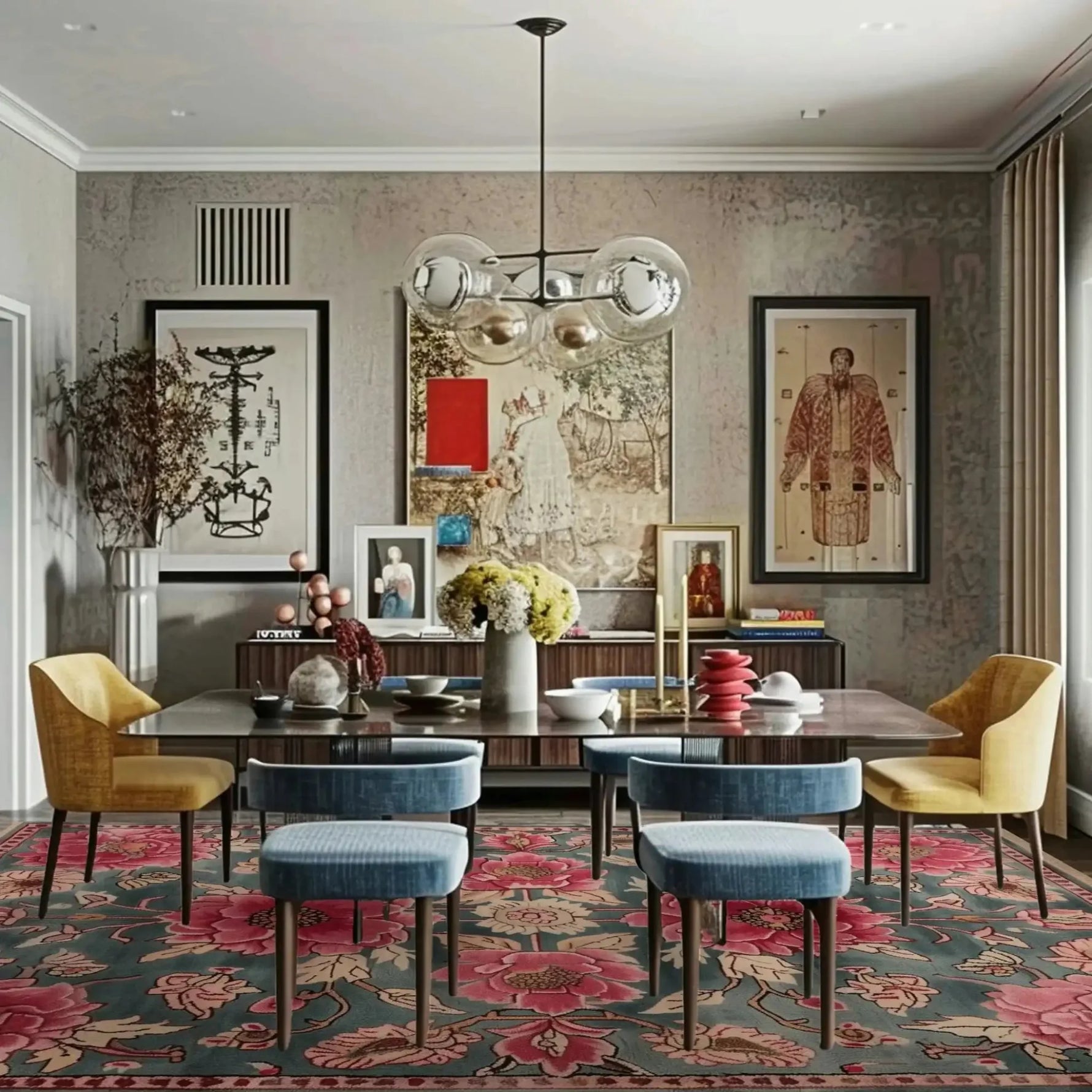 A beautifully styled dining room featuring the Blossom Medley Hand Tufted Rug as a large area rug. This wool rug, with its vibrant floral pattern, adds a touch of elegance to the living room and dining room space. The room is decorated with modern furniture, including a sleek dining table and colorful chairs, enhancing the overall aesthetic.