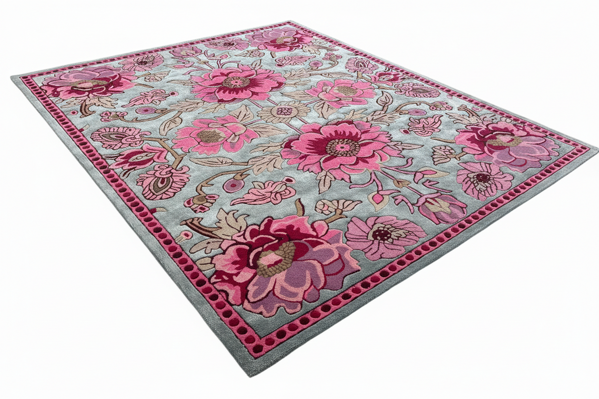 Blossom Medley Hand Tufted Rug, grey field of pink blooms with a dotted magenta border