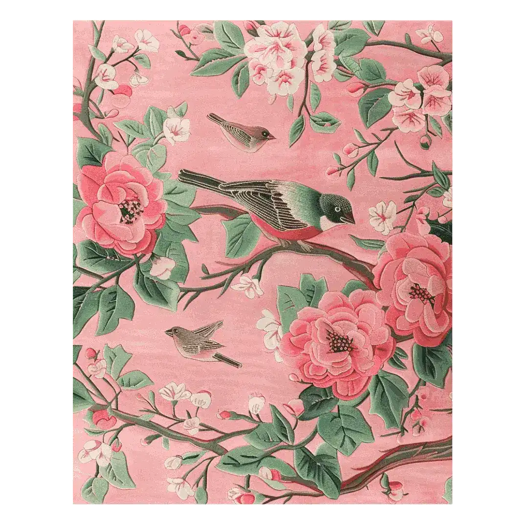 A beautifully detailed Blossom Melody Hand Tufted Rug showcasing a vibrant floral pattern with birds perched on branches. This wool rug is perfect for adding a touch of elegance to large living rooms. Ideal for those seeking floral rugs or stylish rugs for living room spaces.