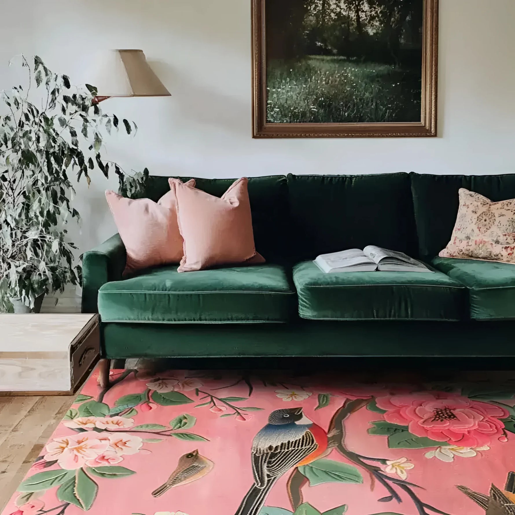 A vibrant floral area rug with a bird design adds a splash of color to a cozy living room. The large living room rug complements the green velvet sofa and soft pink cushions, creating a harmonious and inviting space. Perfect for those seeking a wool rug that blends style and comfort in their rugs for living room.
