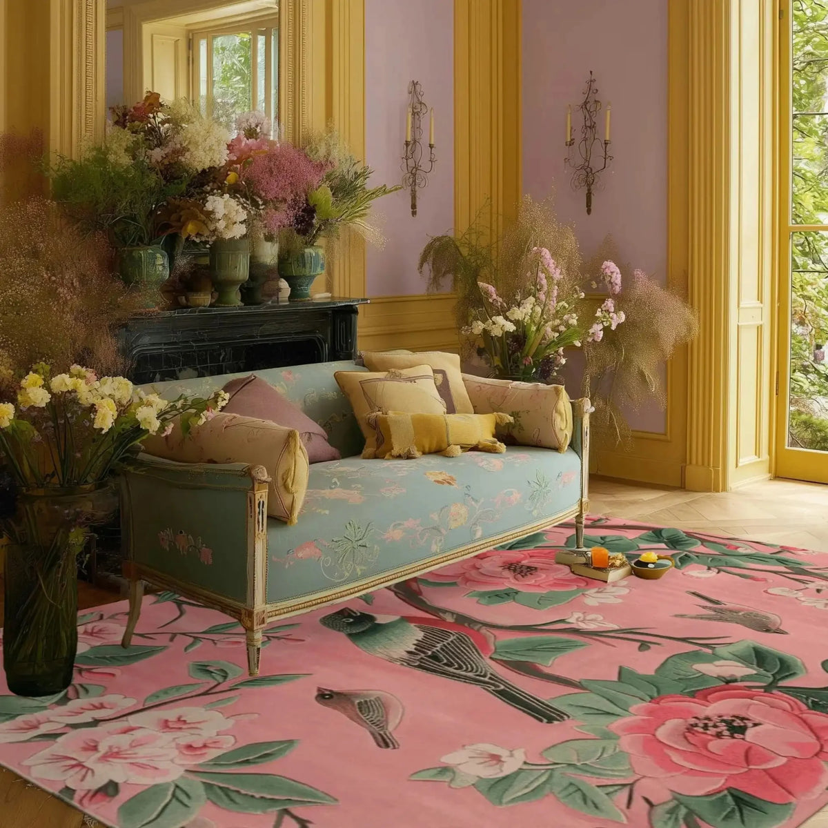 A beautifully designed area rug with vibrant floral patterns and birds, perfect for large living rooms. This wool rug adds a touch of elegance to any living space, complementing the pastel-colored sofa and decor. Ideal for those seeking high-quality rugs for living rooms, this floral rug brings a cozy and artistic feel to the room.