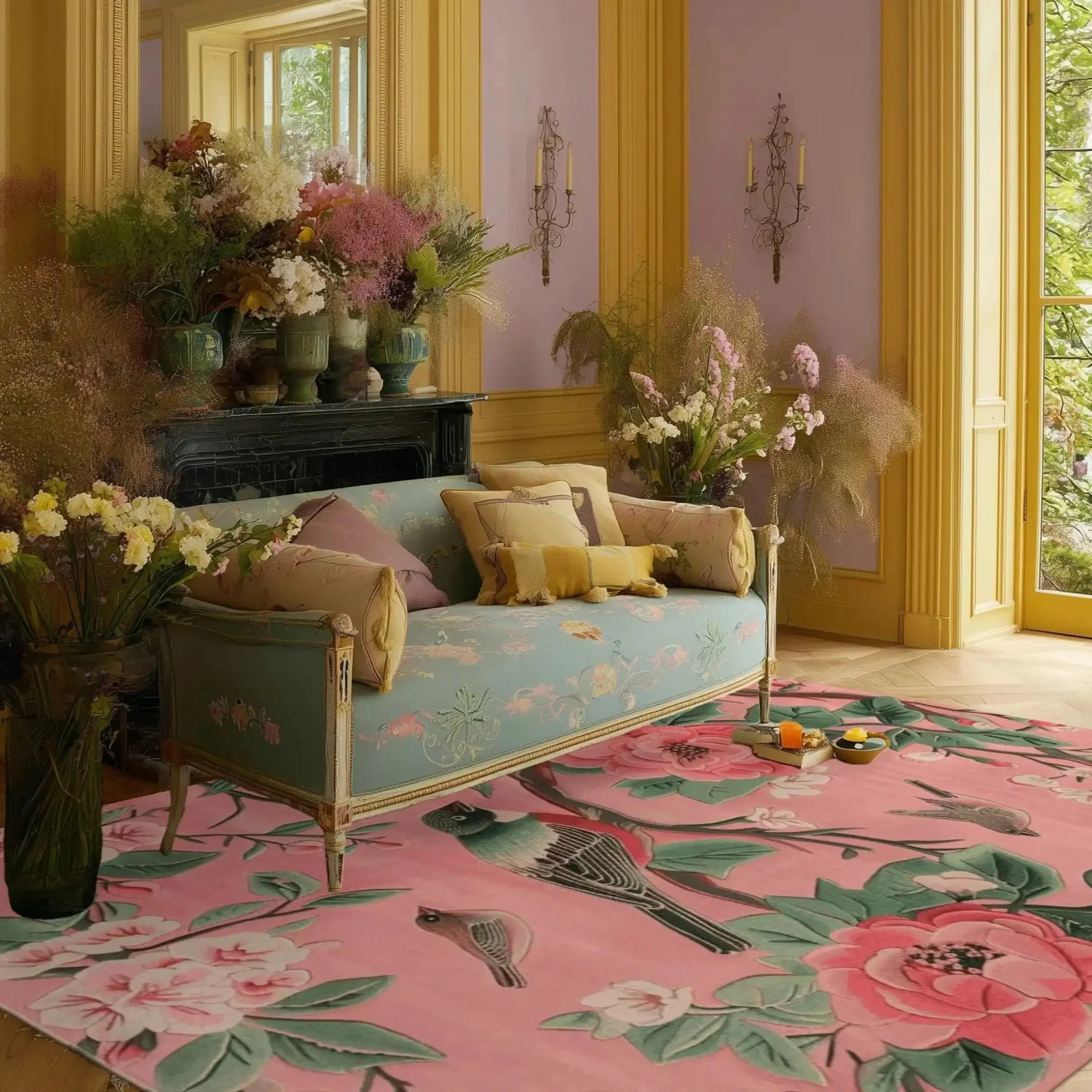 A beautifully designed area rug with vibrant floral patterns and birds, perfect for large living rooms. This wool rug adds a touch of elegance to any living space, complementing the pastel-colored sofa and decor. Ideal for those seeking high-quality rugs for living rooms, this floral rug brings a cozy and artistic feel to the room.