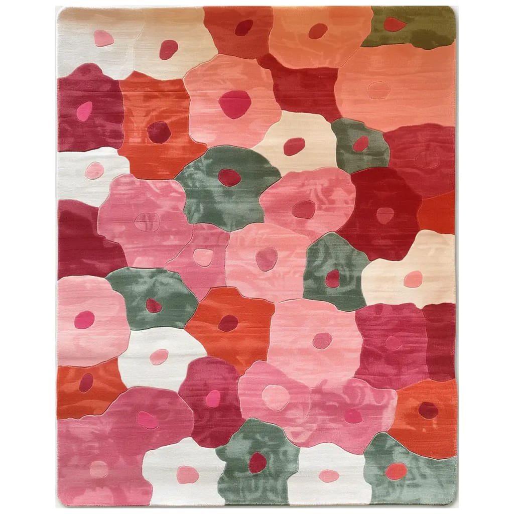 Vibrant Blossom Mosaic Hand Tufted Wool Area Rug featuring an abstract floral pattern in shades of pink, red, orange, and green. This artistic design adds a pop of color and modern flair to any room, showcasing a variety of stylized blooms across its surface.