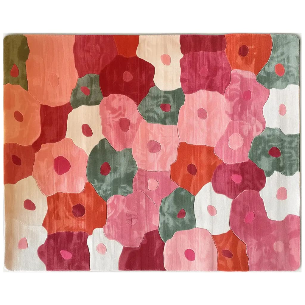 A vibrant Blossom Mosaic Hand Tufted Wool Area Rug featuring an abstract floral pattern in shades of pink, red, orange, and green. The design showcases a harmonious blend of colors, creating a lively and artistic appearance perfect for enhancing any living space.