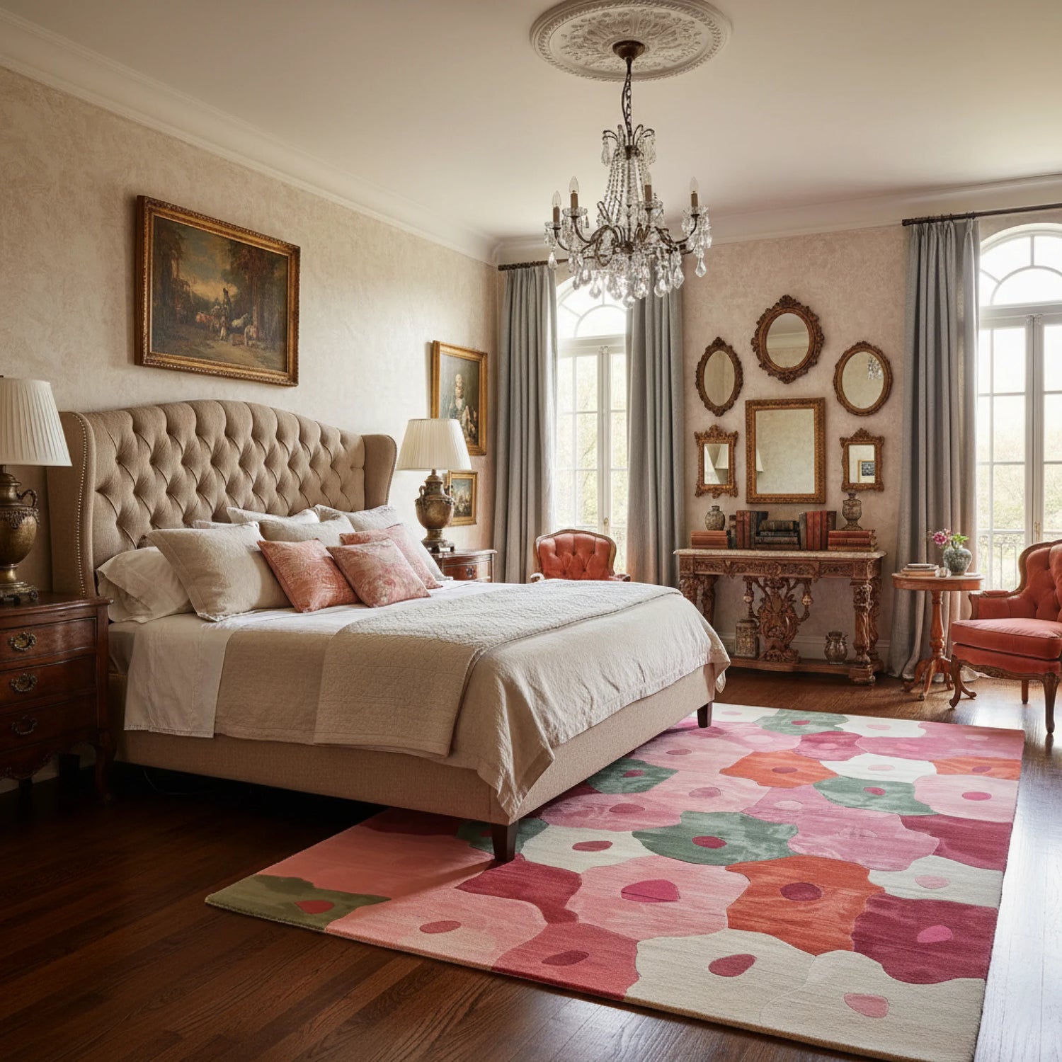 Luxurious bedroom with a large bed, floral rug, and decorative mirrors.