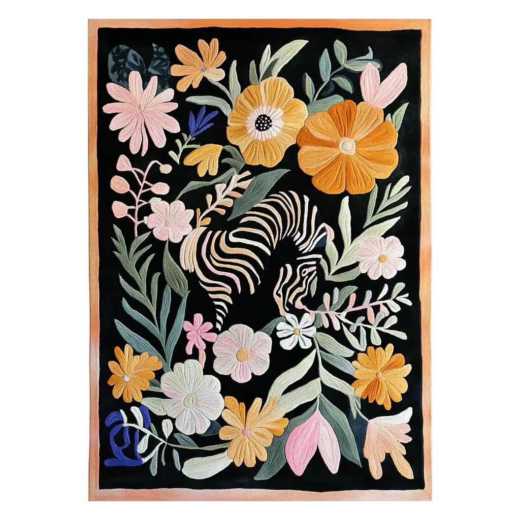 A vibrant, hand-tufted wool area rug featuring a whimsical design of large colorful flowers interwoven with zebra stripes on a dark background, offering a bold and artistic touch to any room.