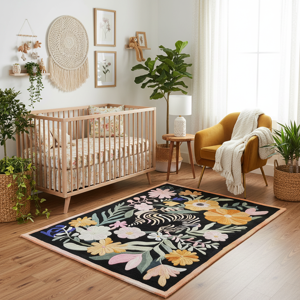 Nursery room with wooden crib, colorful rug, and decorative elements.