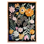 A vibrant, hand-tufted wool area rug featuring a whimsical design of large colorful flowers interwoven with zebra stripes on a dark background, offering a bold and artistic touch to any room.