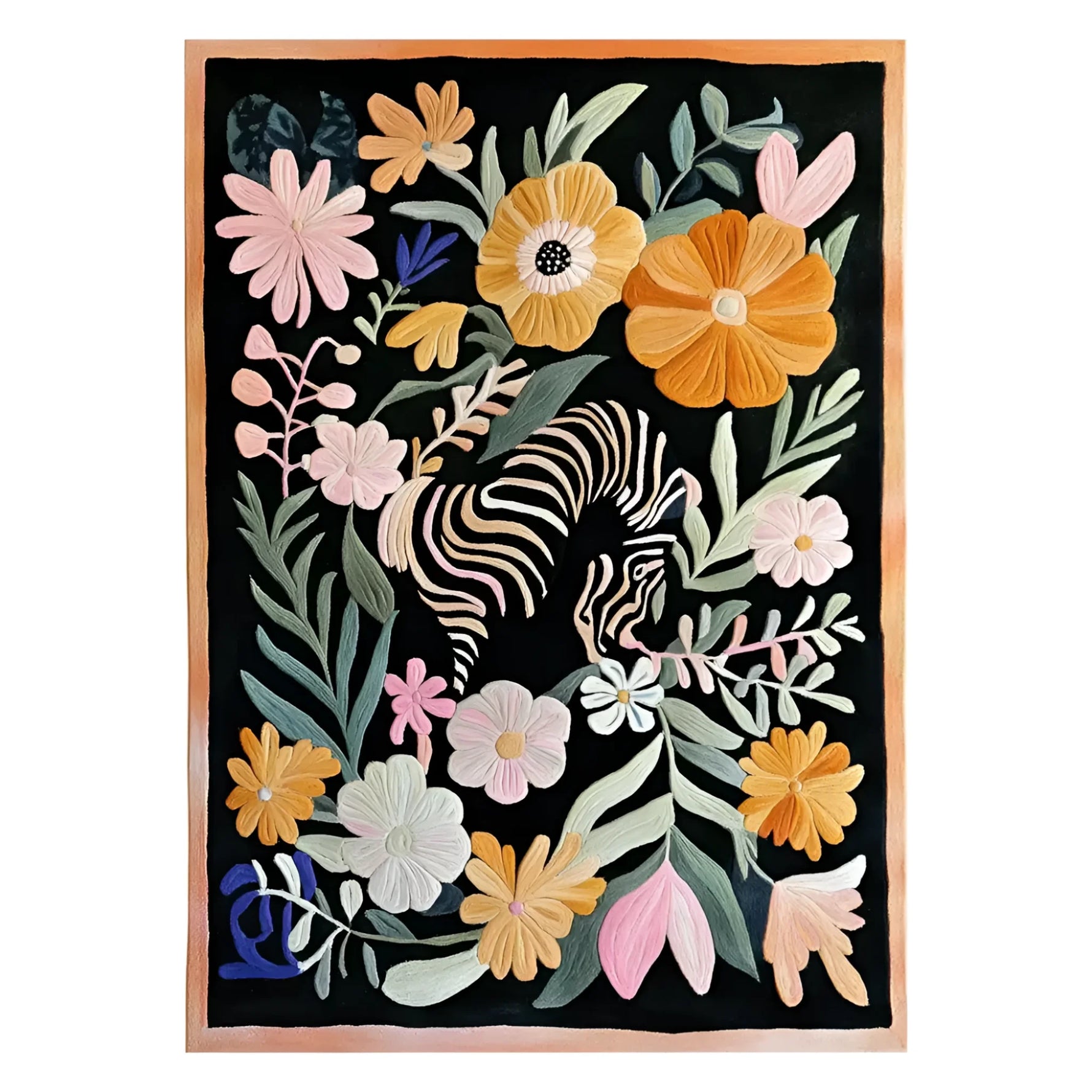 A vibrant, hand-tufted wool area rug featuring a whimsical design of large colorful flowers interwoven with zebra stripes on a dark background, offering a bold and artistic touch to any room.