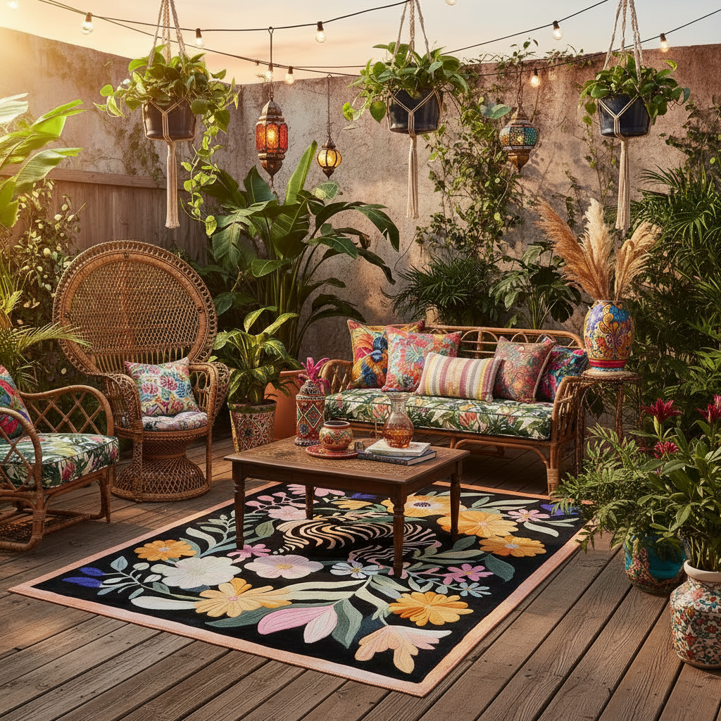 Outdoor patio with wicker furniture, colorful cushions, floral rug, and potted plants under string lights.