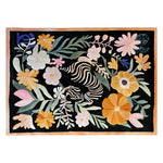 Vibrant hand-tufted wool rug featuring an abstract tiger design surrounded by colorful flowers and leaves, ideal for adding a touch of nature to any room.