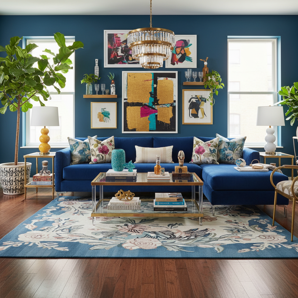 Modern living room with blue walls, a floral wool rug, a blue sofa, and decorative elements.