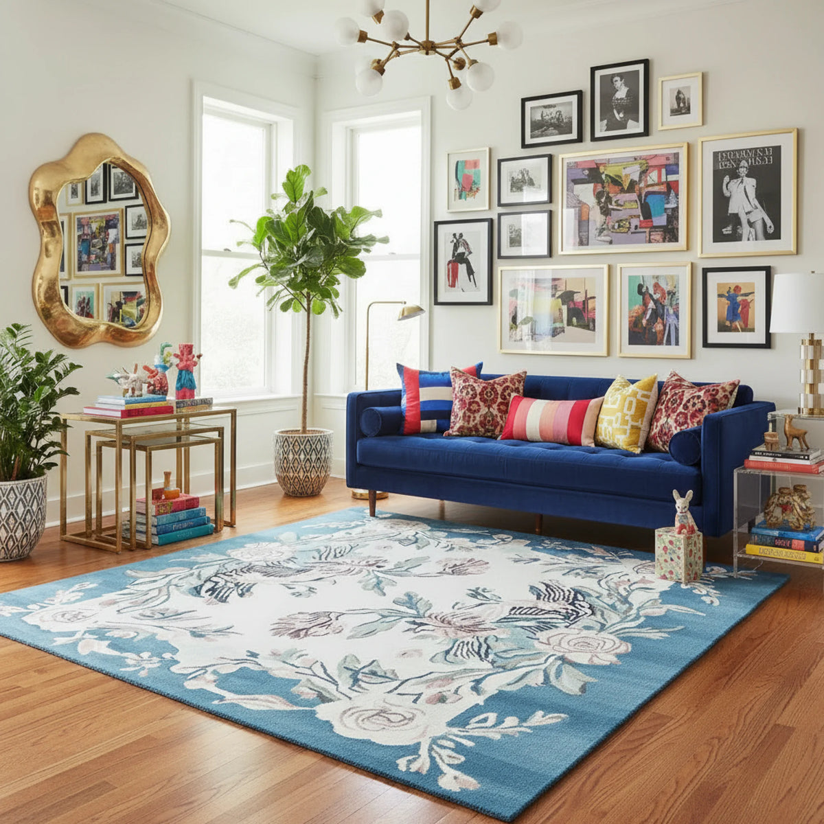 Living room with a blue sofa, decorative pillows, and a floral patterned blue wool rug.