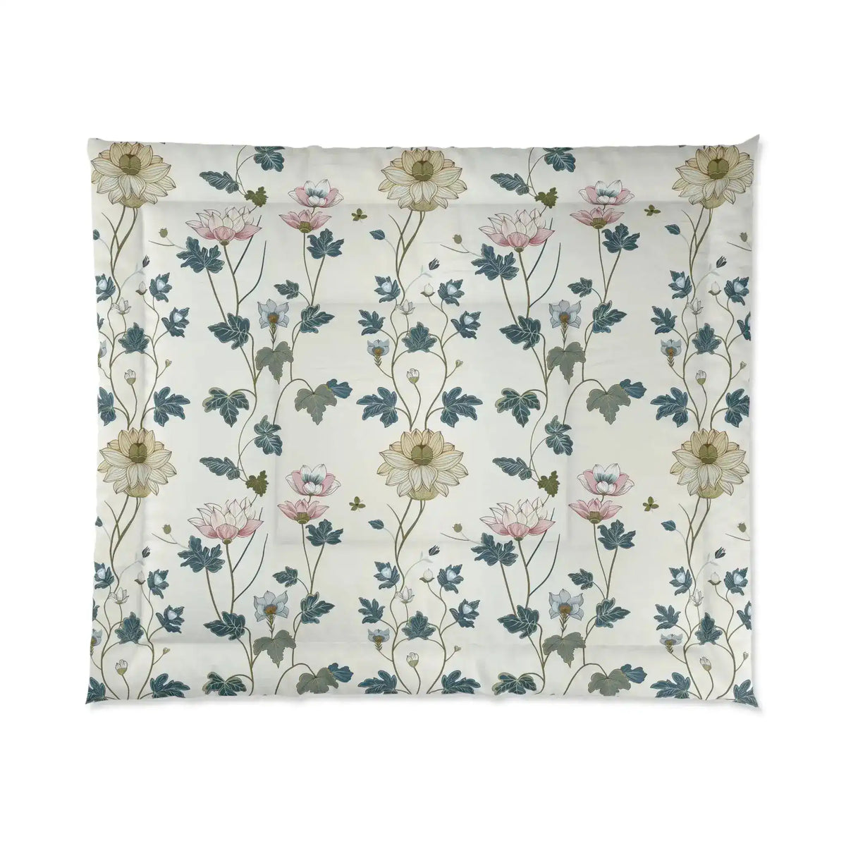 Cream comforter with a delicate pink and blue lotus floral print, flat view