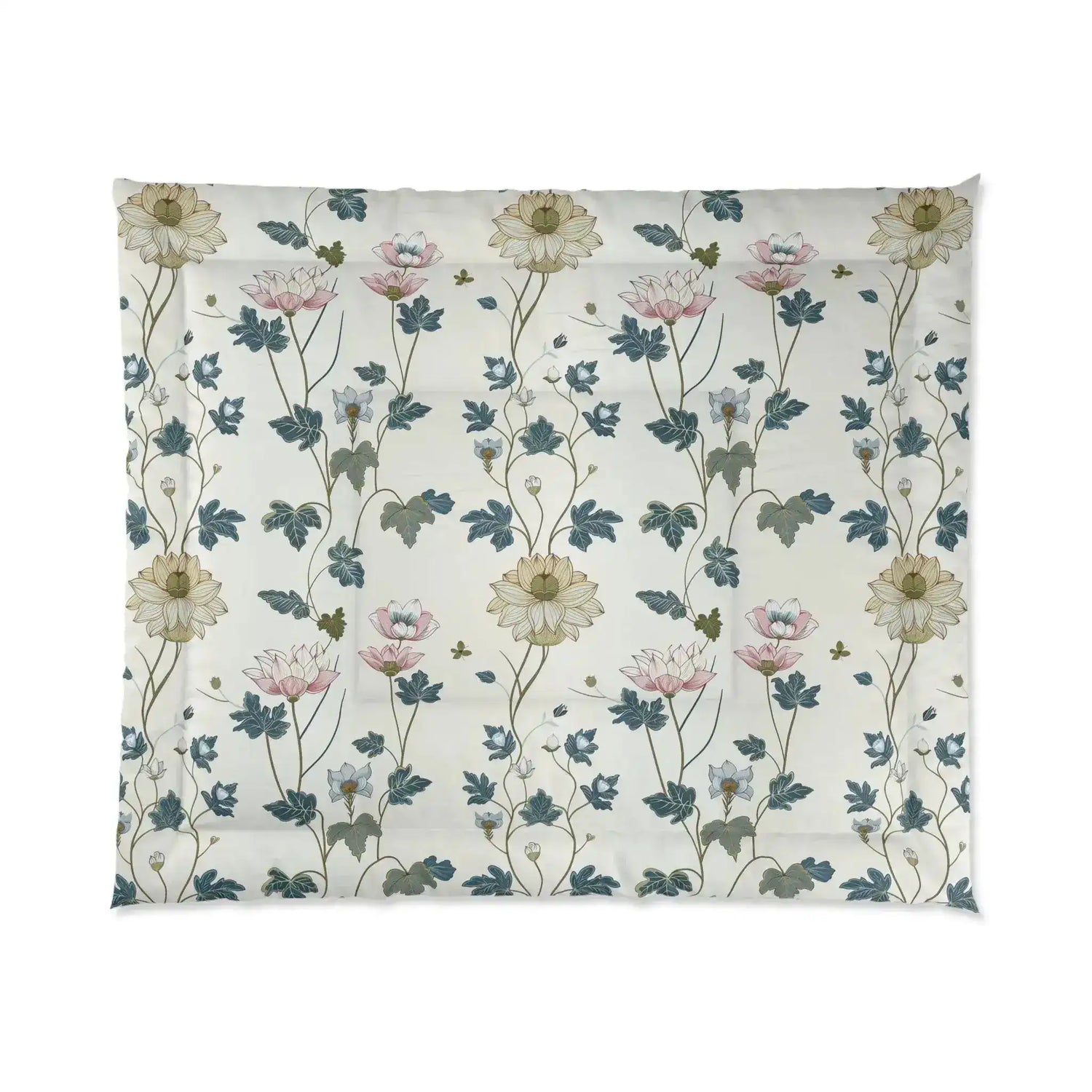 Cream comforter with a delicate pink and blue lotus floral print, flat view