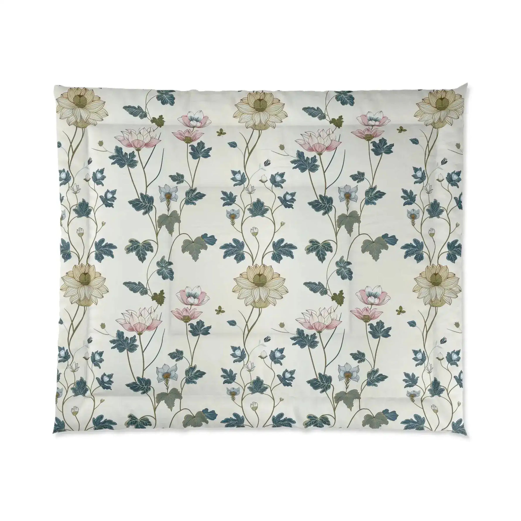 Cream comforter with a delicate pink and blue lotus floral print, flat view