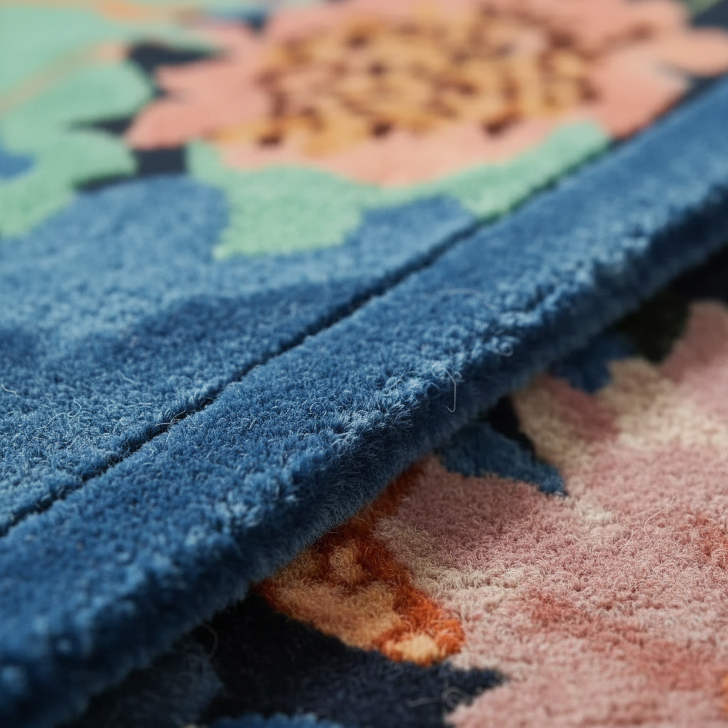 Close-up of a colorful floral-patterned rug with a focus on texture.
