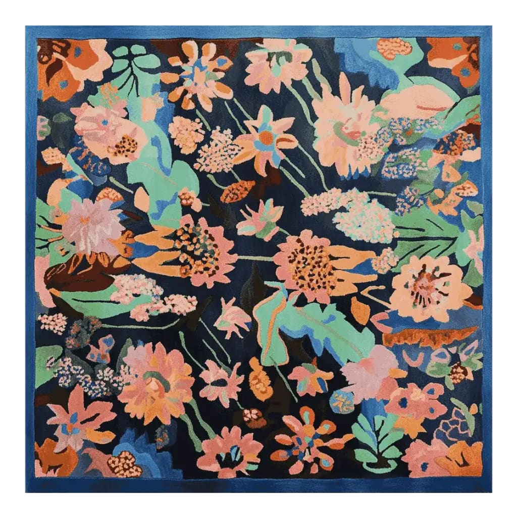 A vibrant square area rug showcasing a colorful floral design with pink, orange, and green flowers on a dark background, perfect for adding a touch of elegance to any living room. This hand-tufted wool rug is ideal for those seeking large living room rugs with a floral pattern.