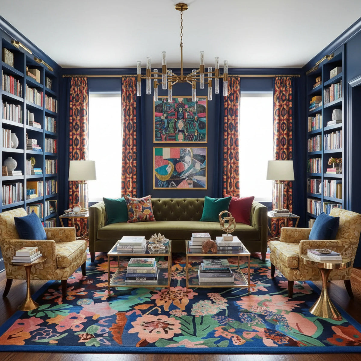 Decorative living room with a green sofa, colorful rug, and bookshelves.