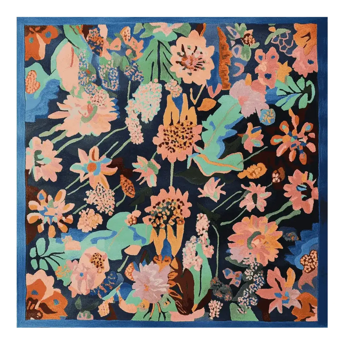 Top view of the Blossom Story Hand Tufted Rug, a vibrant floral area rug ideal for large living rooms. This square wool rug features an intricate design with colorful flowers in shades of pink, orange, and green against a dark background, perfect for adding a touch of nature to your living space.