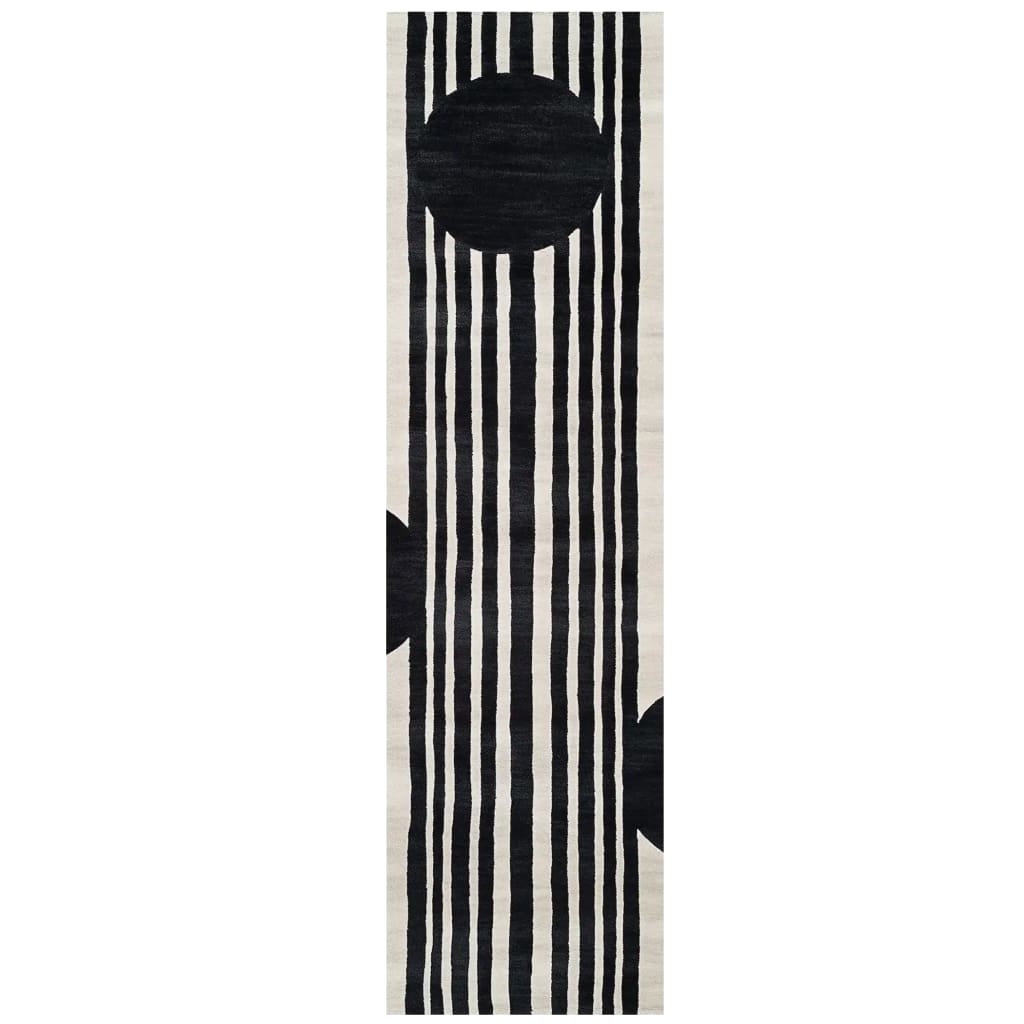 Contemporary Blossom Symphony Hand Tufted Wool Runner Rug featuring bold black and white geometric patterns, perfect for adding a stylish touch to kitchens, hallways, or bathrooms.